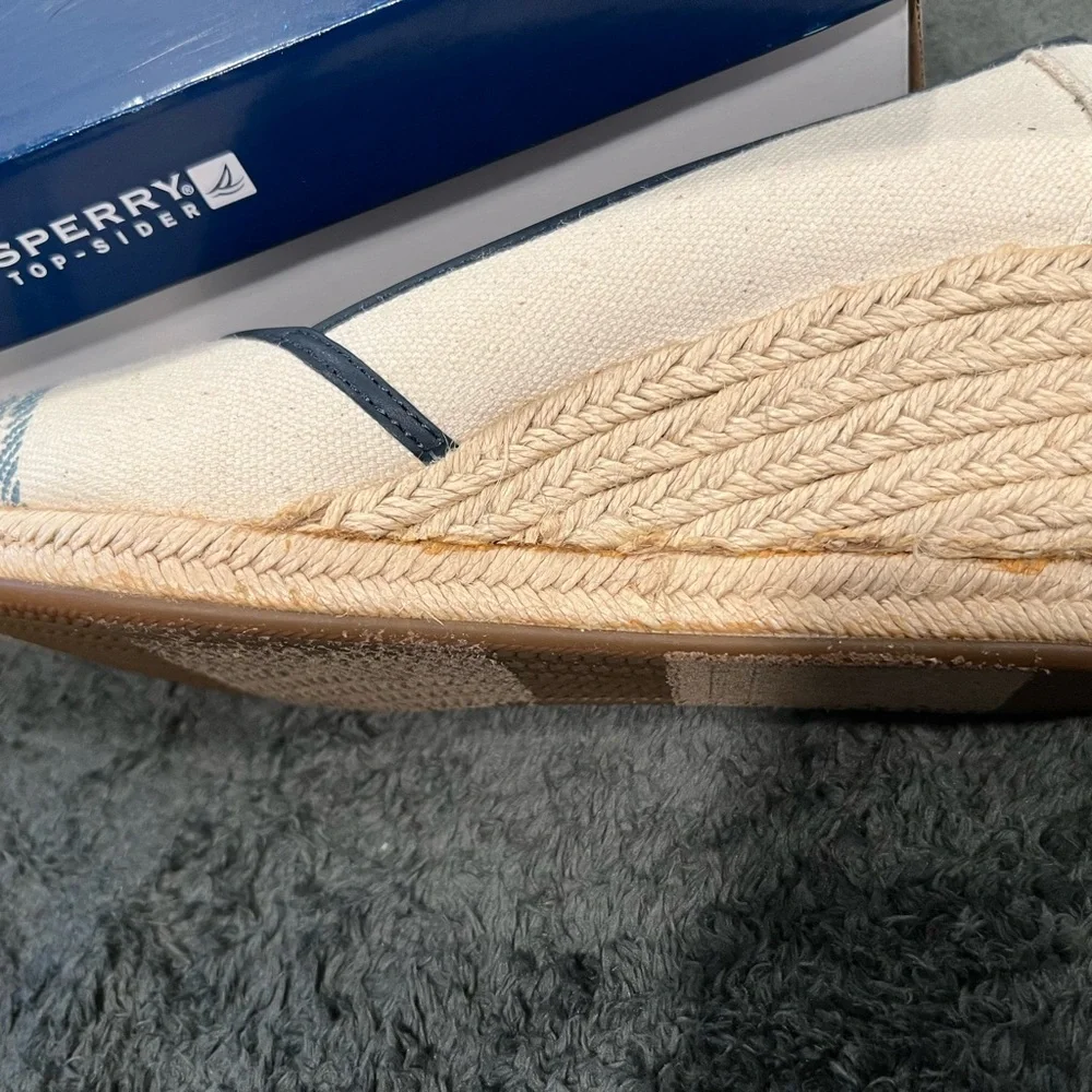 Sperry Cream Canvas Wedge Espadrilles with Navy Rope Detail